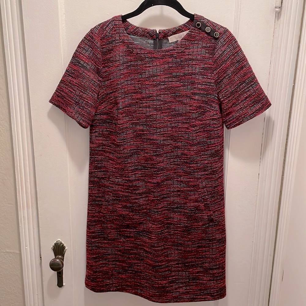 LOFT red striped tweed dress with shoulder button detail - Size Small!